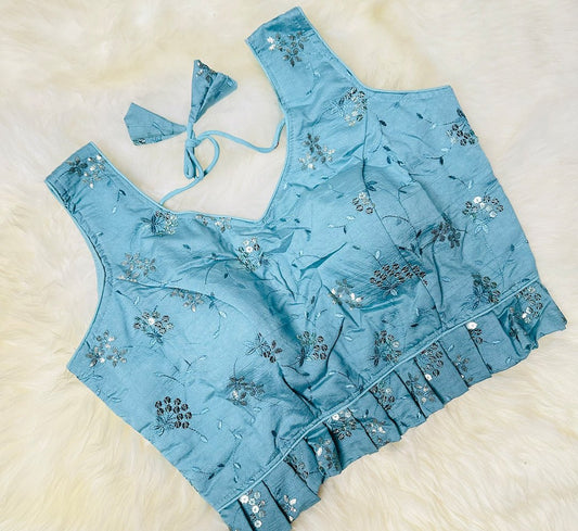 Embrace Effortless Elegance with Light Teal Blue Raw Silk Frilled Blouse, Adorned with Foil Sisha Work - swadeshsouq.com.