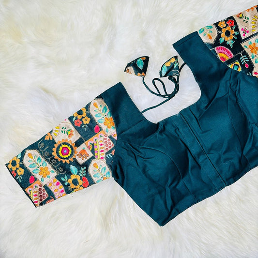 Effortlessly Chic: Teal Blue Blouse with Contrasting Sleeves and Beautiful Design. - swadeshsouq.com