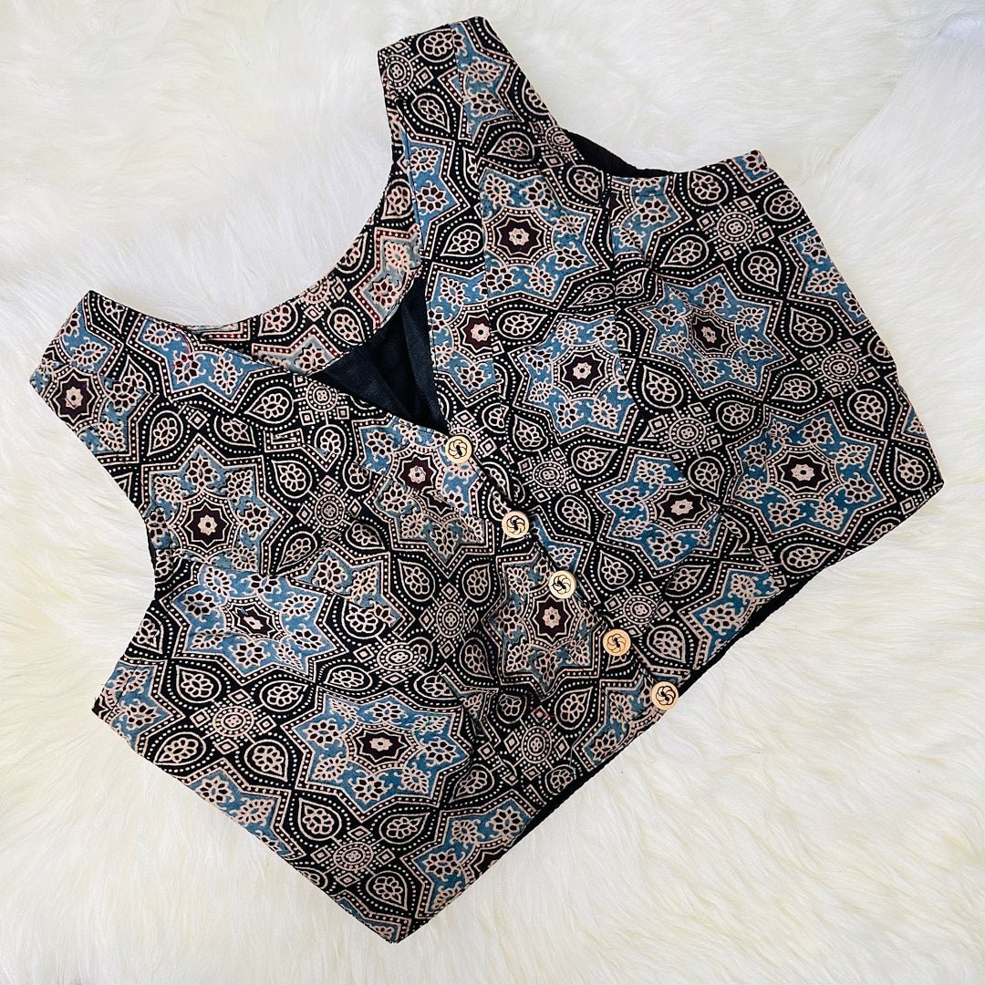 Elegance in Black: Ajrak Hand Block Printed Cotton High Neck Blouse. - swadeshsouq.com