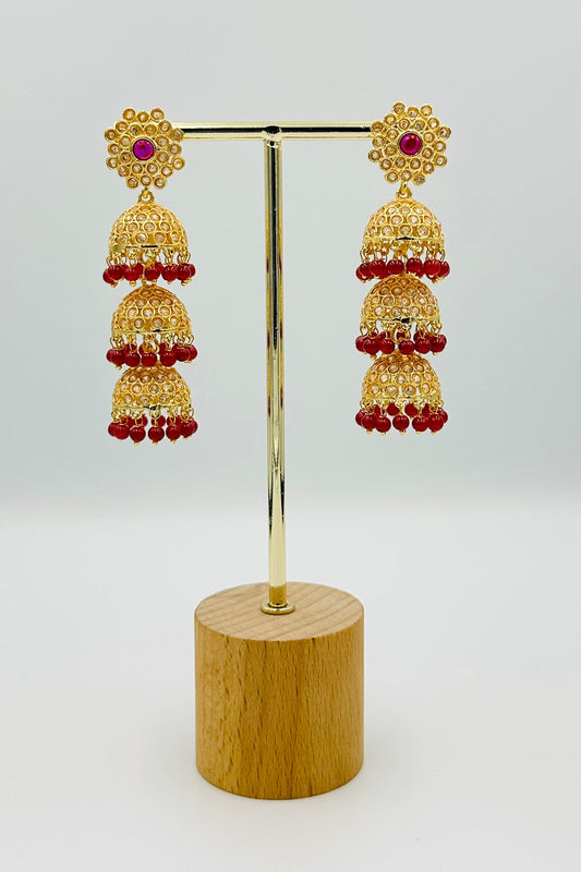 Elegant 3-Layered Jhumka Earrings with Stones - swadeshsouq.com