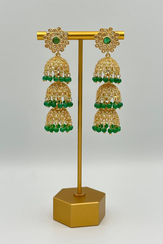 Elegant 3-Layered Jhumka Earrings with Stones - swadeshsouq.com