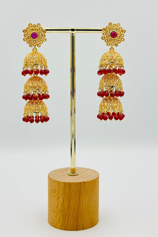 Elegant 3-Layered Jhumka Earrings with Stones - swadeshsouq.com