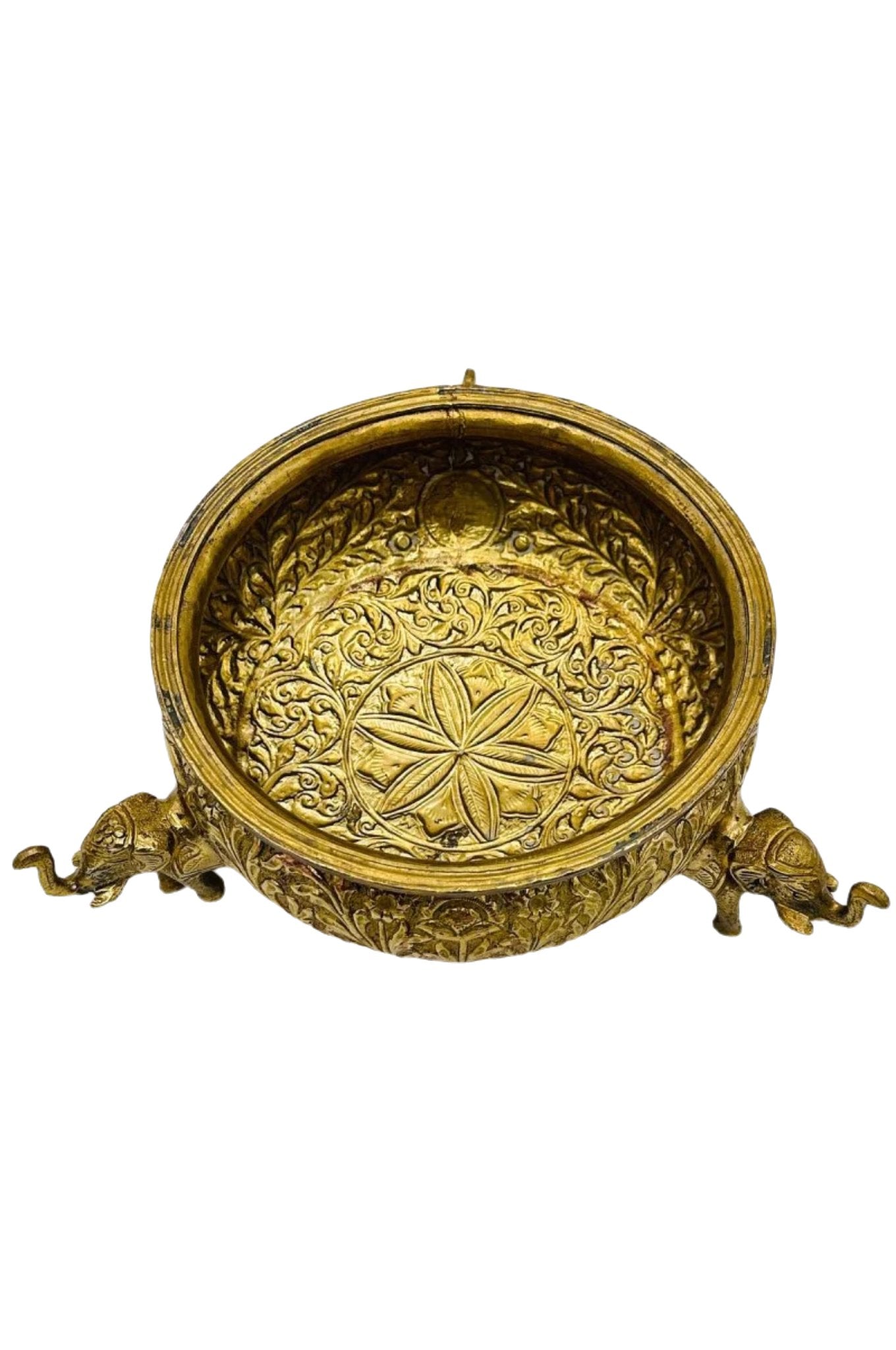 Elegant Brass Flower Uruli Bowl: Timeless Beauty with Elephant Design Base - swadeshsouq.com