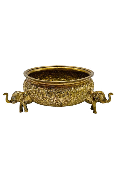 Elegant Brass Flower Uruli Bowl: Timeless Beauty with Elephant Design Base - swadeshsouq.com