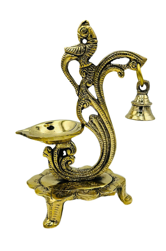 Elegant Brass Standing Diya with Exquisite Flower Design and Bell - swadeshsouq.com