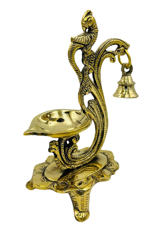 Elegant Brass Standing Diya with Exquisite Flower Design and Bell - swadeshsouq.com