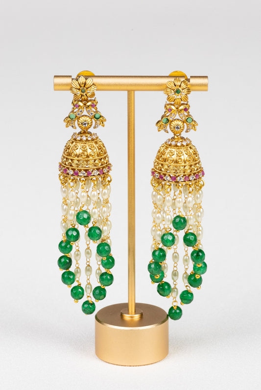 Elegant Cascade Jhumkas: A Symphony of Beads and Pearls - swadeshsouq.com