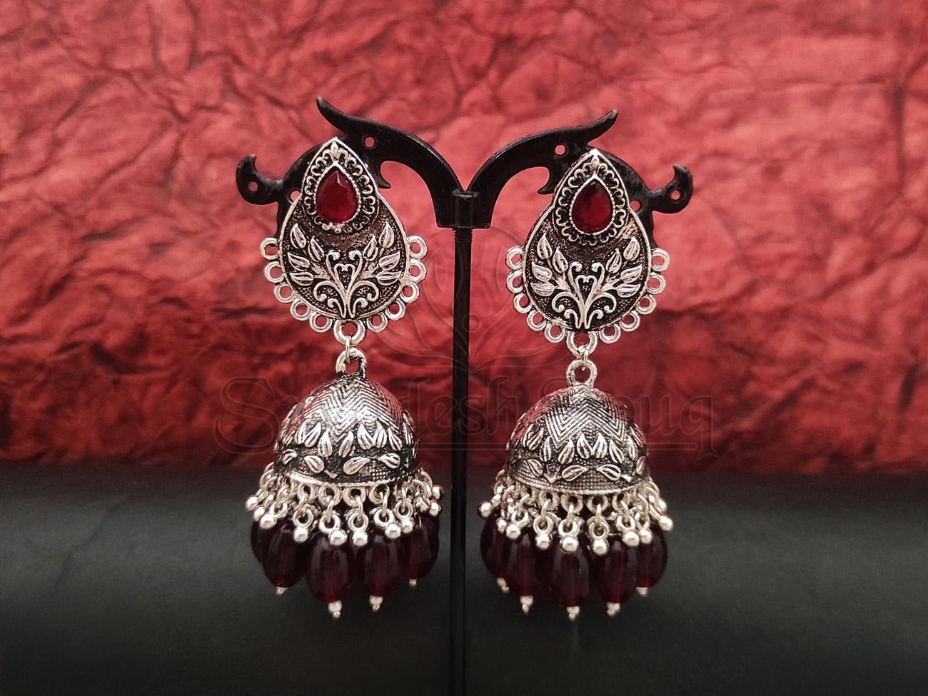 Elegant Maroon Beaded Jhumka Earrings in Oxidized Silver - swadeshsouq.com