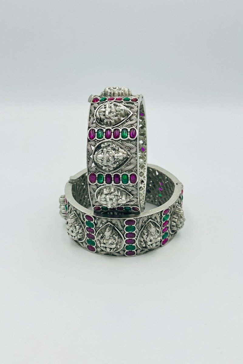 Elegant Oxidised Silver Bangles with Goddess Lakshmi Motif - swadeshsouq.com