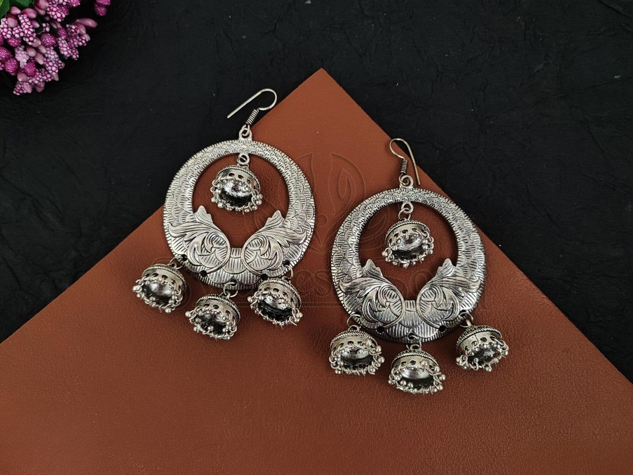 Elegant Oxidised Silver Chandbali with Jhumka Hangings. - swadeshsouq.com