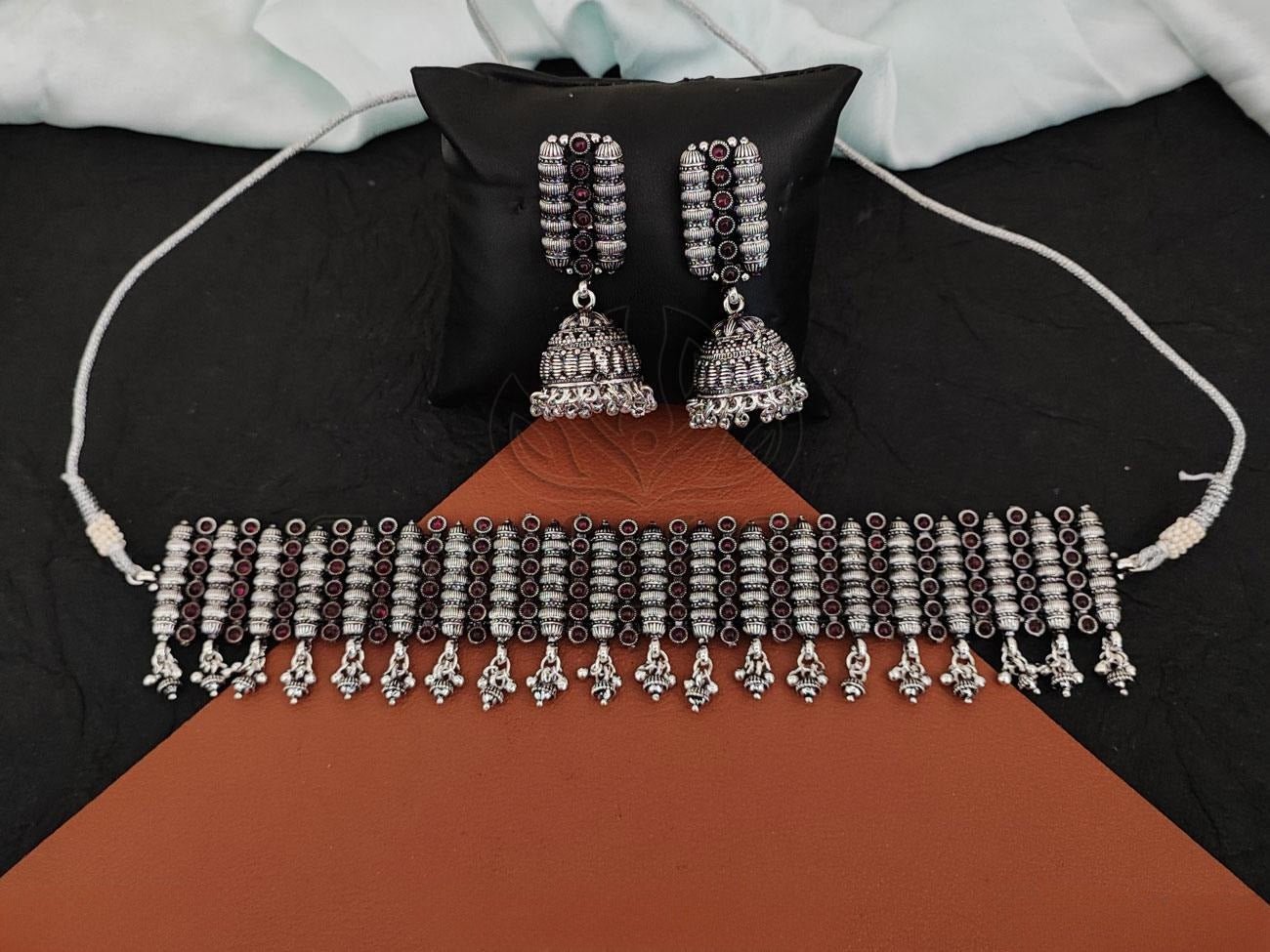 Elegant Oxidised Silver Choker Set with Embossed Jhumkas - swadeshsouq.com