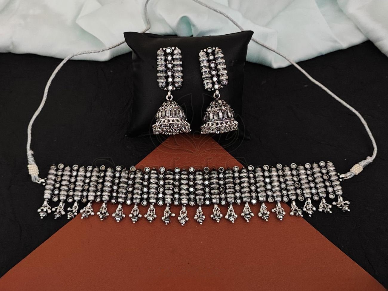 Elegant Oxidised Silver Choker Set with Embossed Jhumkas - swadeshsouq.com