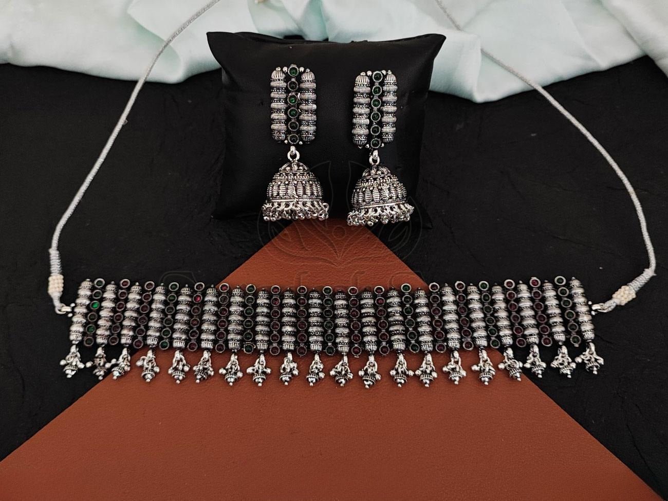 Elegant Oxidised Silver Choker Set with Embossed Jhumkas - swadeshsouq.com