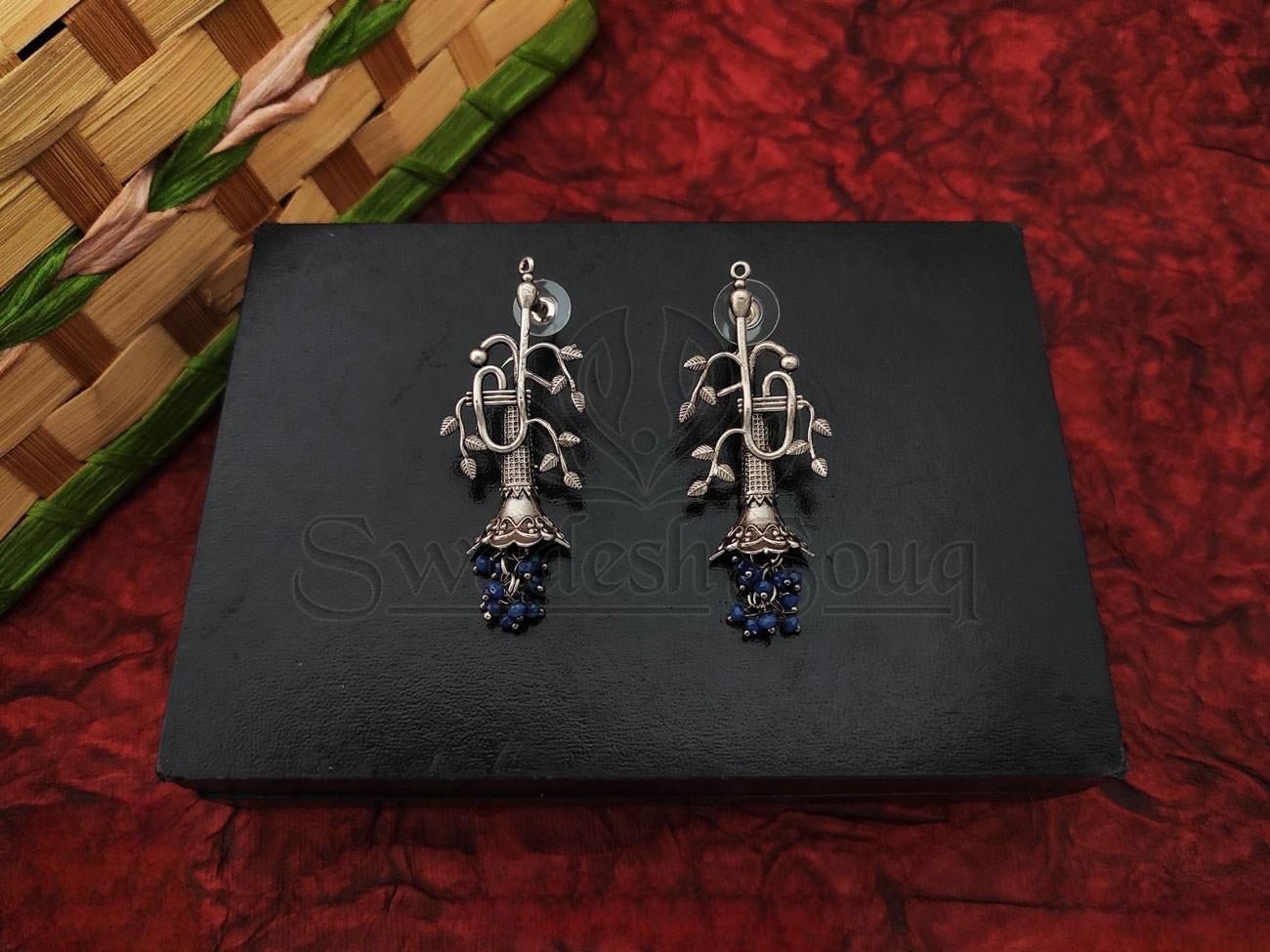 Elegant Oxidized Silver Earrings with Dazzling Blue Drops. - swadeshsouq.com