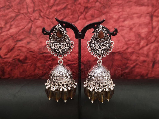 Elegant Peridot Beaded Jhumka Earrings in Oxidized Silver. - swadeshsouq.com