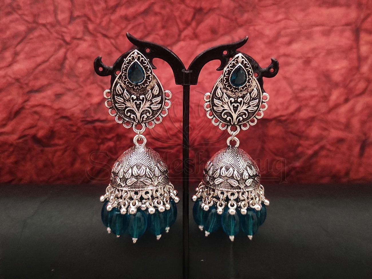 Elegant Rama Green Beaded Jhumka Earrings in Oxidized Silver. - swadeshsouq.com