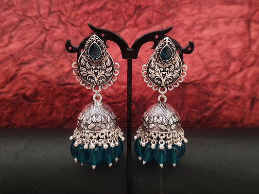 Elegant Rama Green Beaded Jhumka Earrings in Oxidized Silver. - swadeshsouq.com