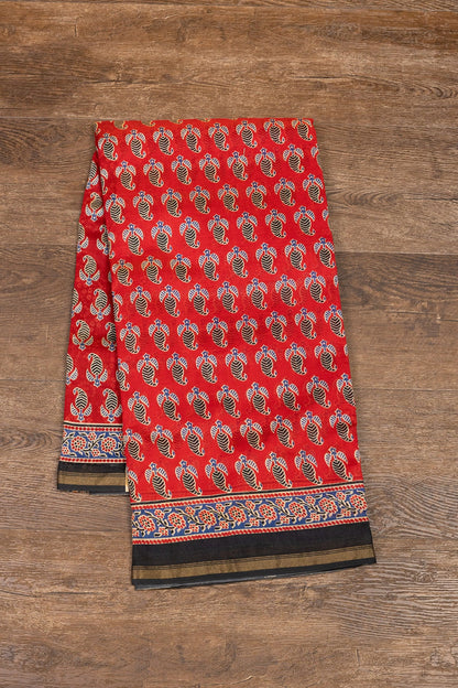 Elegant Red Silk-Cotton Saree: Ajrak Hand-Block Prints Meet Gold Zari Sophistication - swadeshsouq.com