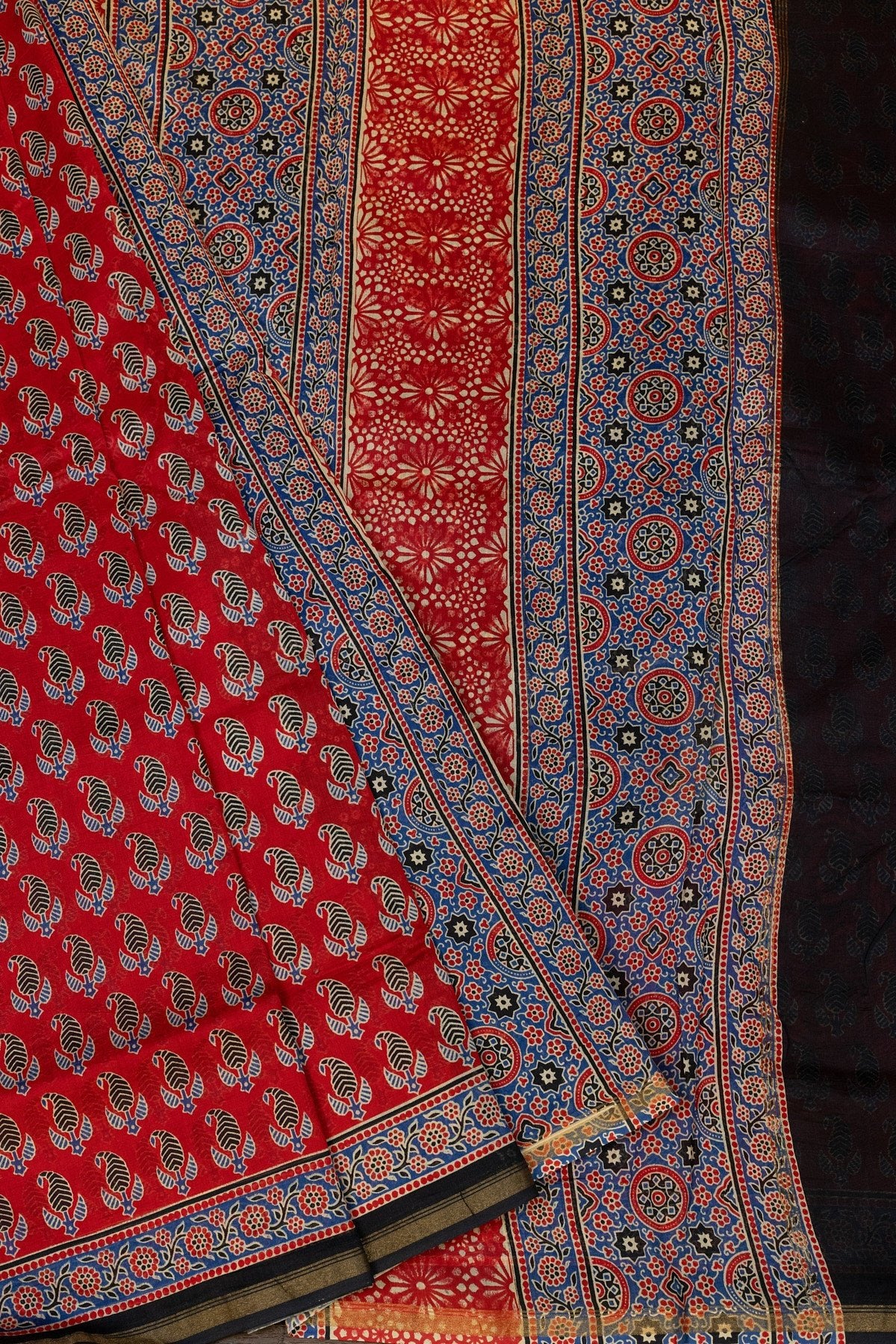 Elegant Red Silk-Cotton Saree: Ajrak Hand-Block Prints Meet Gold Zari Sophistication - swadeshsouq.com