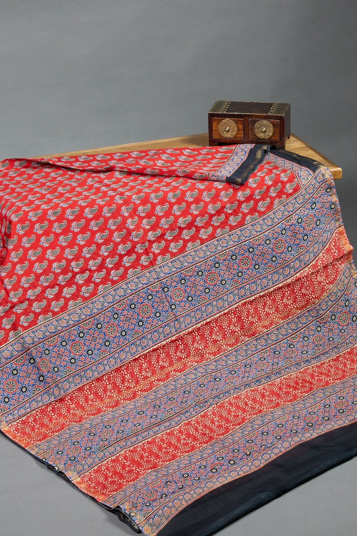 Elegant Red Silk-Cotton Saree: Ajrak Hand-Block Prints Meet Gold Zari Sophistication - swadeshsouq.com