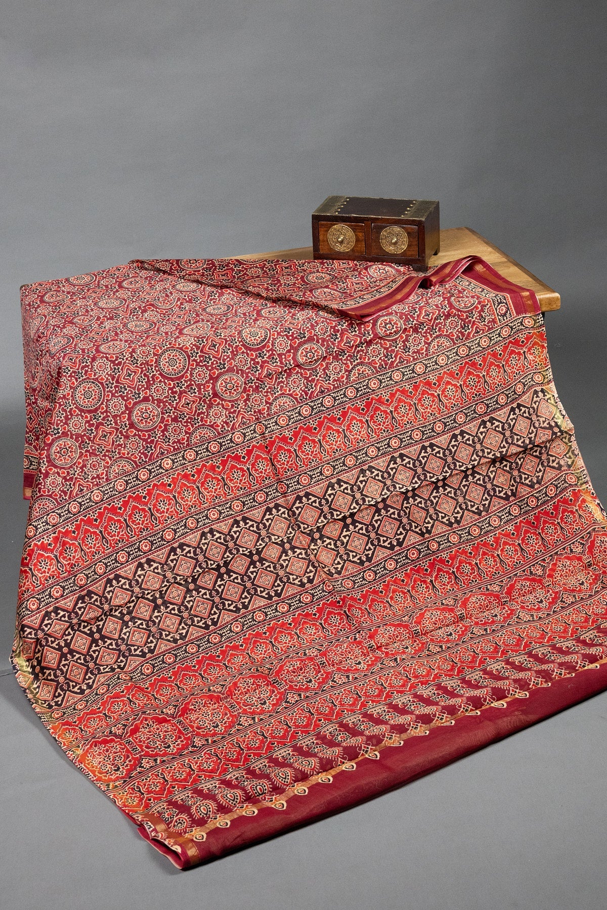 Elegant Red Silk-Cotton Saree with Ajrak Hand-Block Motifs & Gold Zari Border - swadeshsouq.com