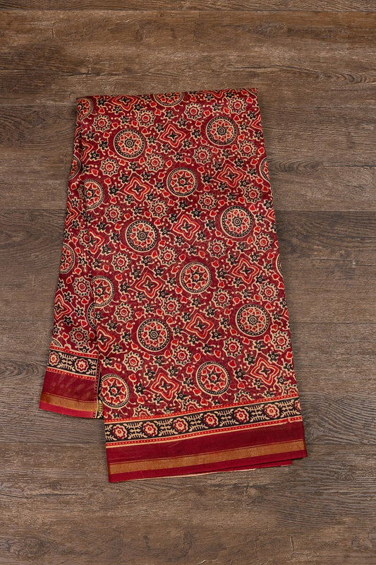 Elegant Red Silk-Cotton Saree with Ajrak Hand-Block Motifs & Gold Zari Border - swadeshsouq.com