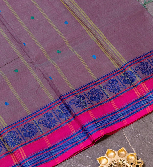 Embrace timeless beauty with Grey & Blue Double Toned Thread Border Saree w/ Thread Butta Embellishments from swadeshsouq.com