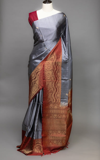 ELEGANT SOPHISTICATION: GREY AND MAROON KANJEEVARAM SILK SAREE - swadeshsouq.com