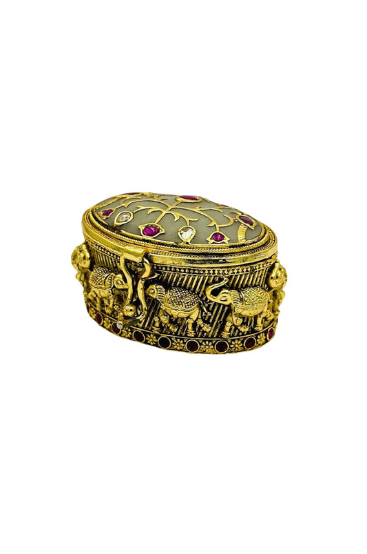 Elephant Elegance: Curved Keepsake Box with Jadau and Meenakari Brilliance - swadeshsouq.com