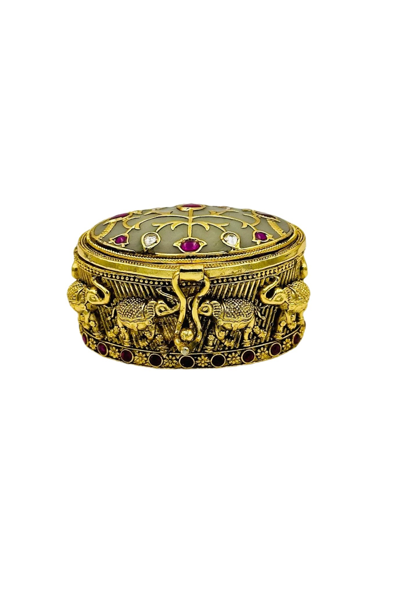 Elephant Elegance: Curved Keepsake Box with Jadau and Meenakari Brilliance - swadeshsouq.com