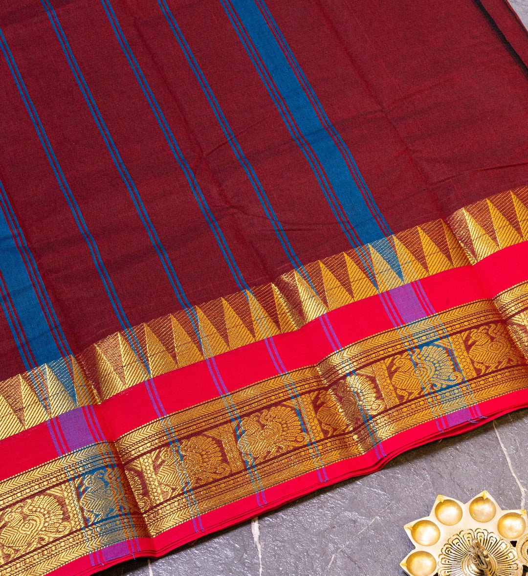 Elevate Your Ethnic Look with Our Bright Maroon and Red Temple Border Chettinad Cotton Saree - swadeshsouq.com