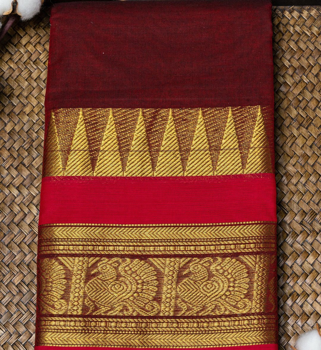 Elevate Your Ethnic Look with Our Bright Maroon and Red Temple Border Chettinad Cotton Saree - swadeshsouq.com