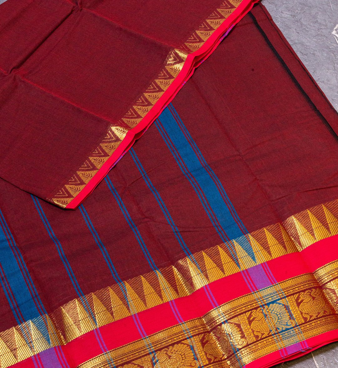 Elevate Your Ethnic Look with Our Bright Maroon and Red Temple Border Chettinad Cotton Saree - swadeshsouq.com