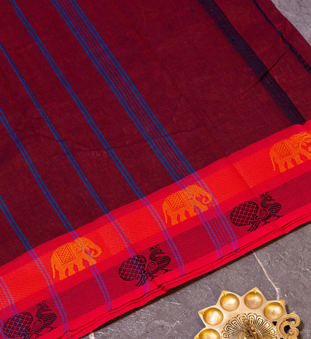 Elevate Your Ethnic Look with Our Brown and Pink Elephant Double Border Chettinad Saree - swadeshsouq.com