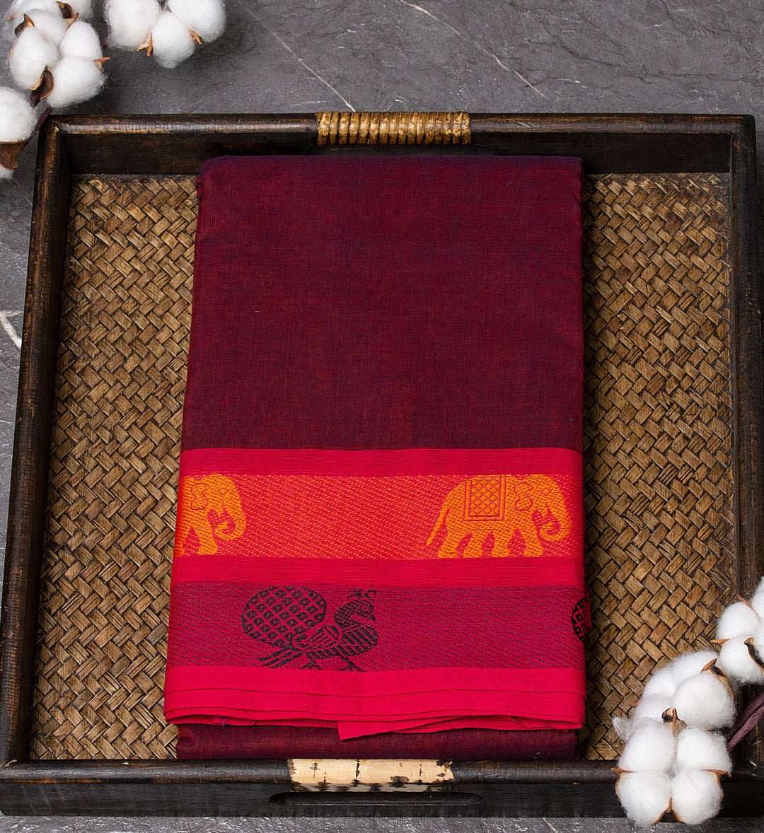 Elevate Your Ethnic Look with Our Brown and Pink Elephant Double Border Chettinad Saree - swadeshsouq.com