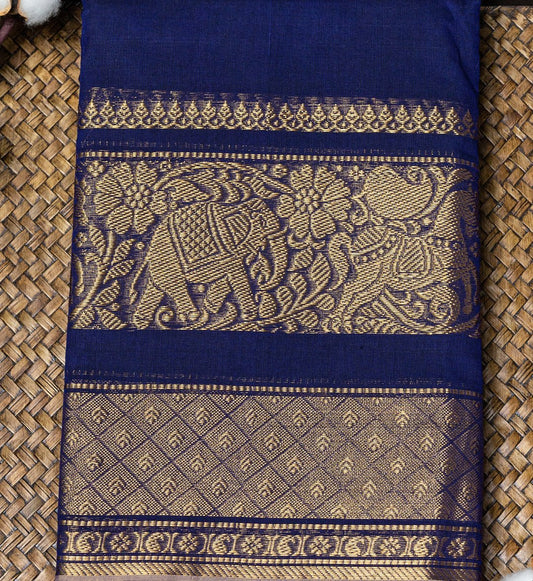 Elevate Your Ethnic Wardrobe with Our Navy Blue Elephant Design Long Zari Border Chettinad Cotton Saree - swadeshsouq.com