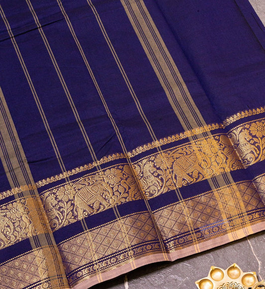 Elevate Your Ethnic Wardrobe with Our Navy Blue Elephant Design Long Zari Border Chettinad Cotton Saree - swadeshsouq.com