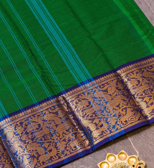 Elevate Your Style with Our Bright Green and Blue Vanasingaram Design Zari Border Chettinad Cotton Saree - swadeshsouq.com