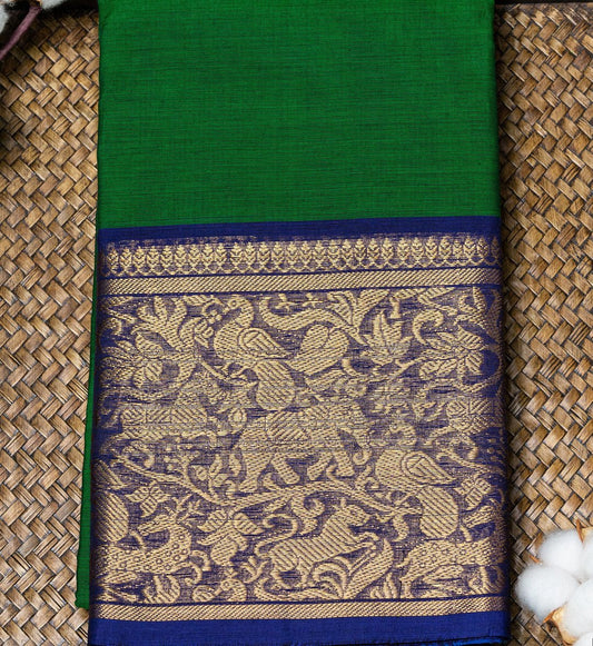 Elevate Your Style with Our Bright Green and Blue Vanasingaram Design Zari Border Chettinad Cotton Saree - swadeshsouq.com