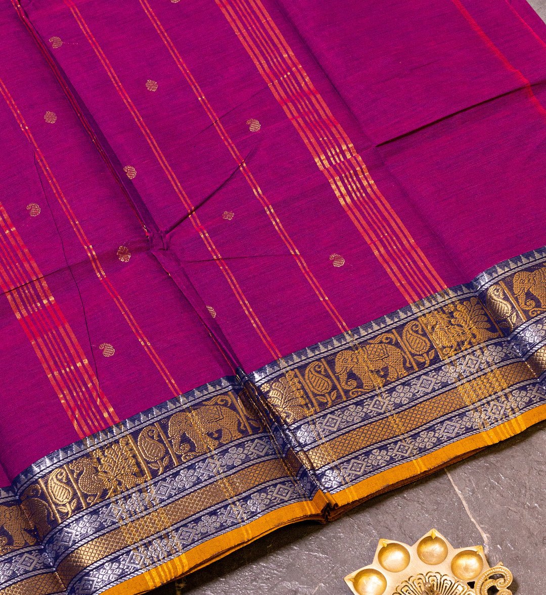 Elevate Your Style with Our Bright Purple and Mustard Yellow Zari Butta Saree - swadeshsouq.com