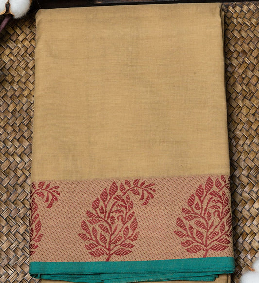 Elevate Your Style with Our Cream and Green Plain Thread Border Chettinad Cotton Saree - swadeshsouq.com