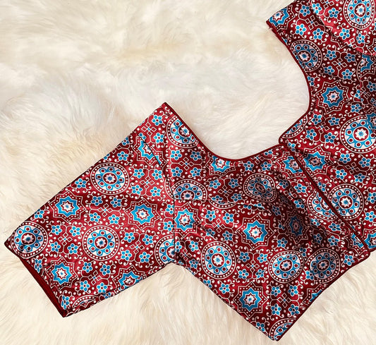 Elevate Your Style with Our Exquisite Maroon Gaaji Ajrak Print Satin Blouse - swadeshsouq.com