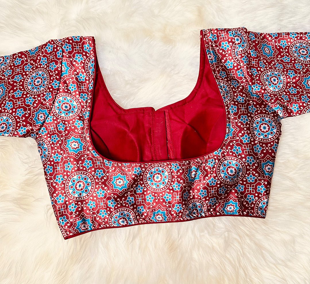 Elevate Your Style with Our Exquisite Maroon Gaaji Ajrak Print Satin Blouse - swadeshsouq.com