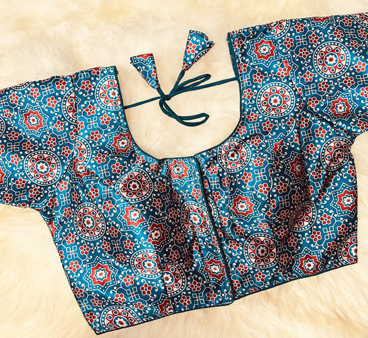 Elevate Your Wardrobe with Our Teal Blue Gaaji Ajrak Print Satin Blouse - swadeshsouq.com