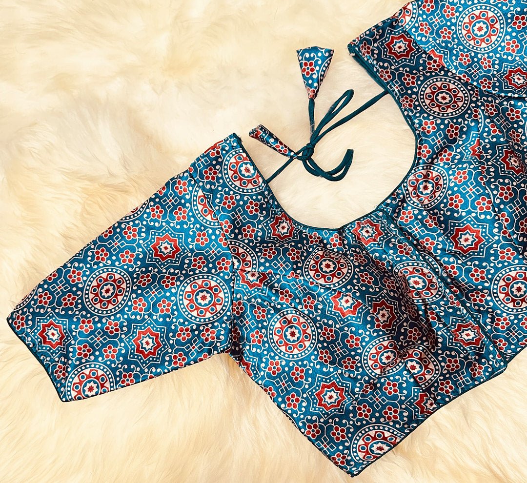 Elevate Your Wardrobe with Our Teal Blue Gaaji Ajrak Print Satin Blouse - swadeshsouq.com