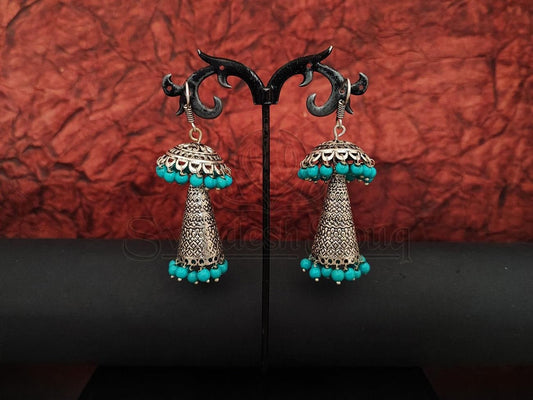 Embossed Beaded Oxidised Silver Earrings - A Unique Style Statement. - swadeshsouq.com