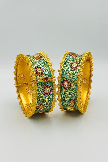 Embrace a Fusion of Tradition and Modernity with Our Antique Design Bangles in Rani Pink and Neon Green. - swadeshsouq.com