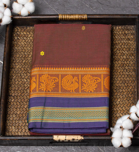 Elegant Brown & Lavender Dual-Toned Chettinad Cotton Saree, All-Over Motifs & Thread Borders. Shop now on swadeshsouq.com.