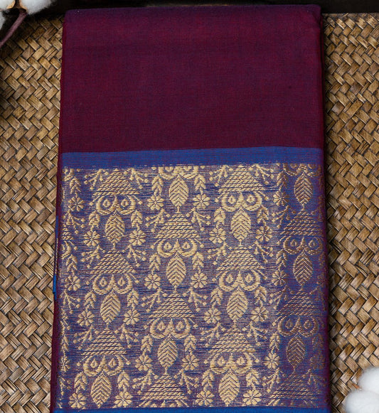 Embrace the Beauty of Dark Purple and Blue Chettinad Cotton Saree. - swadeshsouq.com