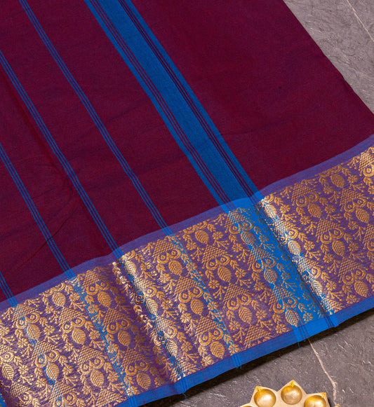 Embrace the Beauty of Dark Purple and Blue Chettinad Cotton Saree. - swadeshsouq.com